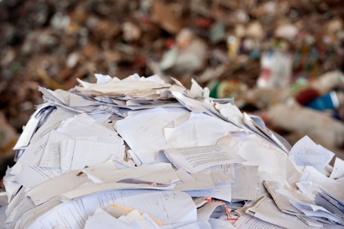 A large pile of assorted paper waste, including printed documents, envelopes, and notebooks, is stacked outdoors on a paved surface, with brown fallen leaves and debris scattered in the background. The papers are varied in size, some crumpled or creased, with colors predominantly white and off-white, some featuring visible text or handwritten notes. The scene suggests a collection of discarded paperwork awaiting rubbish removal, reflecting typical material handled by Canary Wharf House Clearance services in the London Docklands area. The lighting appears natural, indicating an outdoor environment, and the pile's height extends beyond the foreground, emphasizing the volume of paper waste. The surrounding setting hints at an urban or semi-urban location, with no visible vehicle or equipment present. Canary Wharf House Clearance specializes in clearing domestic and commercial rubbish, including paper waste, in the London E14 postcode district, making this image representative of the type of waste material processed through their services.